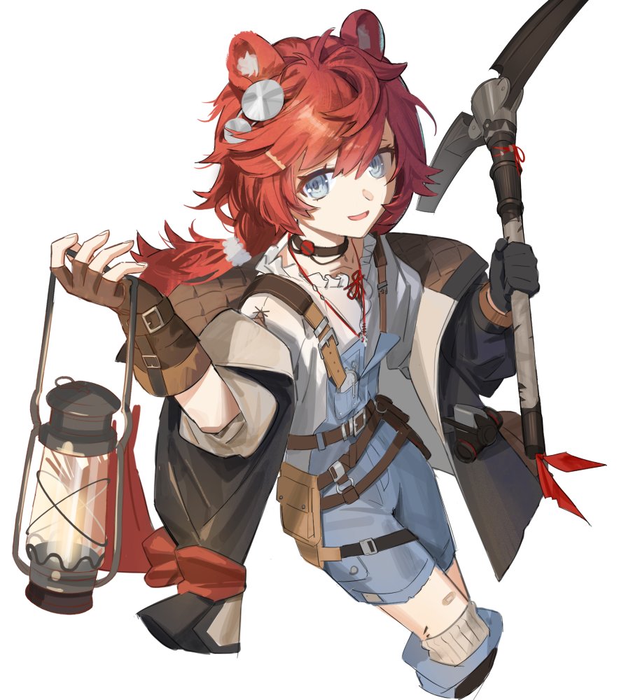 1girl, animal_ears, arknights, bear_ears, black_jacket, blue_eyes, blue_overalls, brown_gloves, choker, commentary, cropped_legs, fingerless_gloves, gloves, hair_ornament, holding, holding_lantern, holding_pickaxe, jacket, kegani_(kegani01), knee_pads, lantern, long_hair, looking_at_viewer, open_mouth, overalls, pickaxe, red_hair, shirt, simple_background, smile, socks, solo, vetochki_(arknights), white_background, white_shirt, white_socks