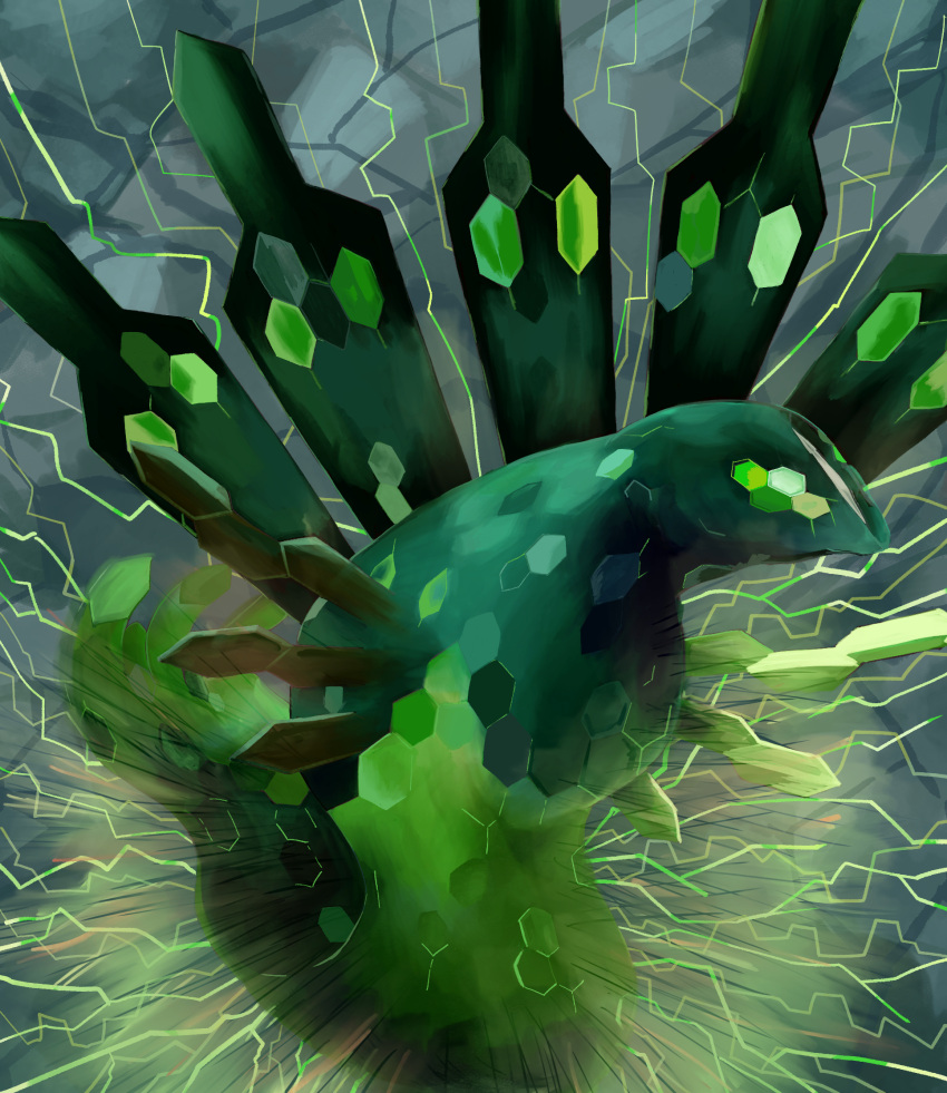 commentary_request, compound_eyes, ena_(dream_bbq), full_body, green_ena, green_eyes, hexagon, highres