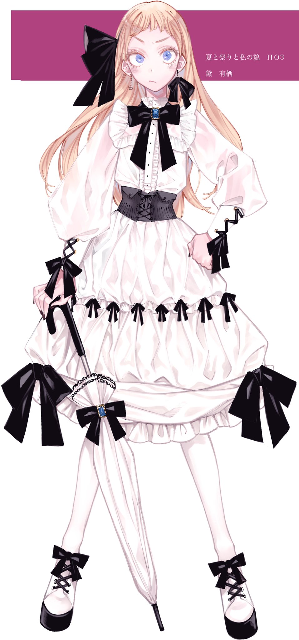 1girl, black_nails, black_ribbon, blonde_hair, blue_eyes, blue_gem, bow, bow_earrings