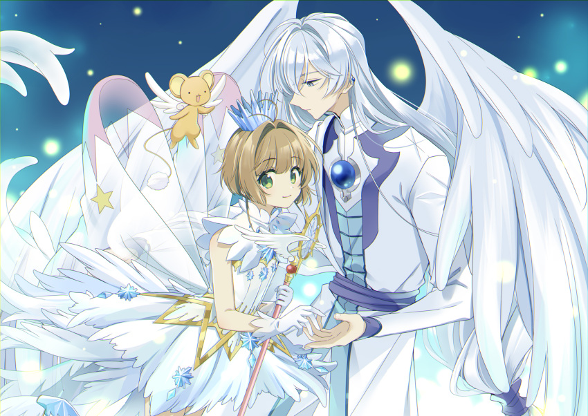 1boy, 1girl, antenna_hair, blue_eyes, brown_hair, cardcaptor_sakura, cardcaptor_sakura_clear_card_arc, closed_mouth