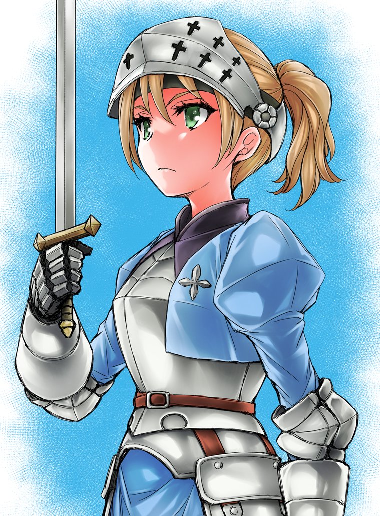 1girl, armor, armored_dress, blue_dress, breastplate, closed_mouth, commentary_request, dress