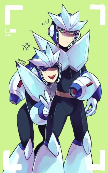 2boys, android, arm_cannon, armor, arms_behind_back, artist_name, belt, black_bodysuit