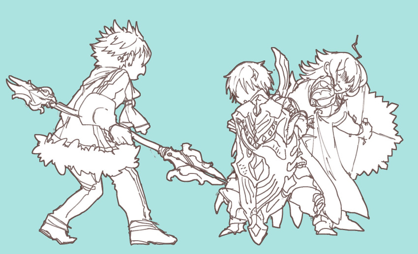 3boys, ahoge, aqua_background, armor, back-to-back, cape, chaos_galahad_(grimms_notes), from_behind