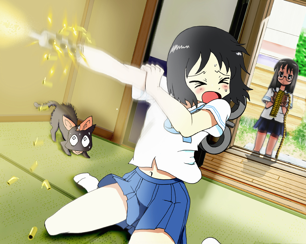 2, ammo_belt, ammunition_belt, atsuman_(hogumogu25), black_cat, black_cat_(animal), black_eyes, black_hair