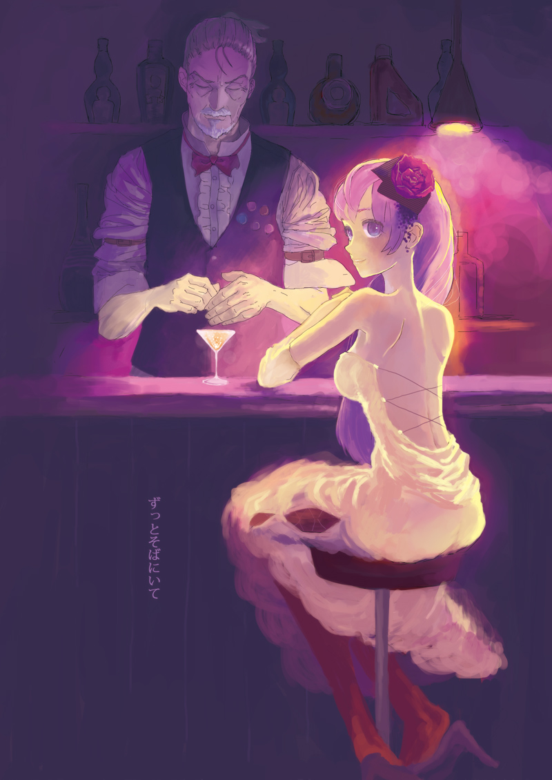 1girl, bar, bare_back, bare_shoulders, bartender, blue_eyes, dress, earrings