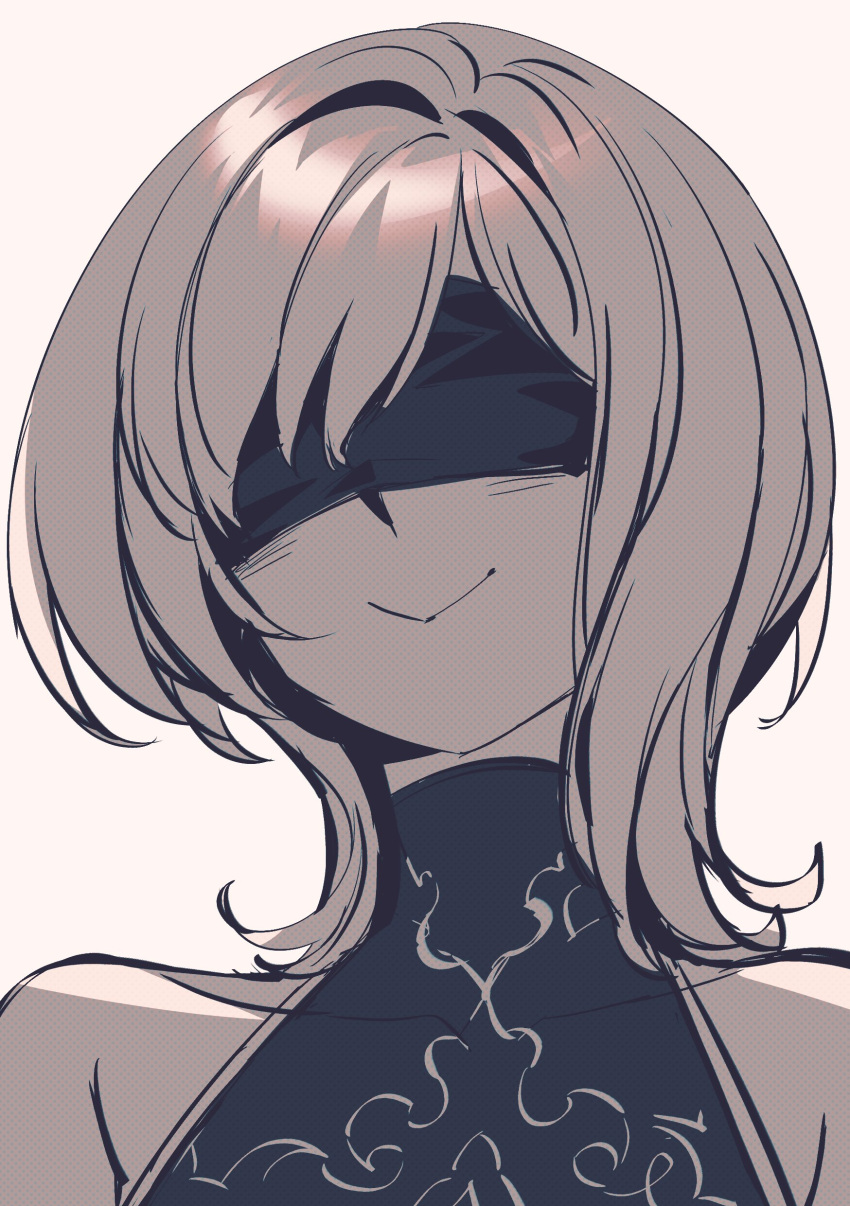 10h_(nier_reincarnation), 1girl, absurdres, bare_shoulders, black_dress, blindfold, dress, greyscale
