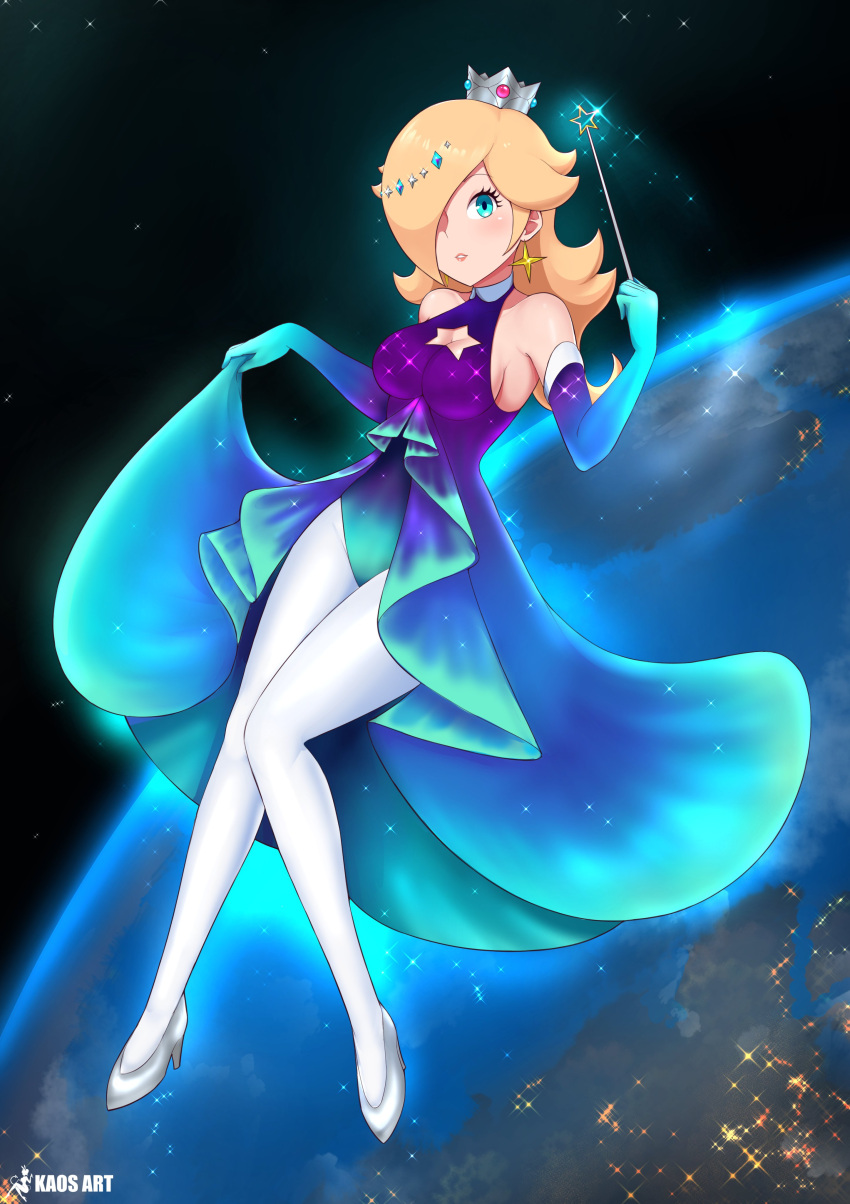 1girl, absurdres, bare_shoulders, blonde_hair, blue_dress, blue_eyes, blue_gem, blue_gloves