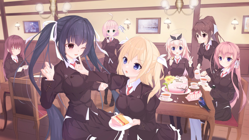 6+girls, :d, ;d, ^_^, absurdres, ahoge, antenna_hair, bird