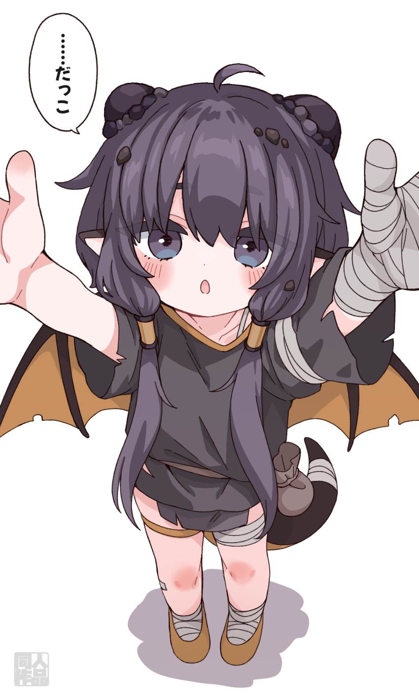 1girl, bandaged_leg, bandages, black_dress, black_hair, blue_eyes, blush_stickers, brown_shoes
