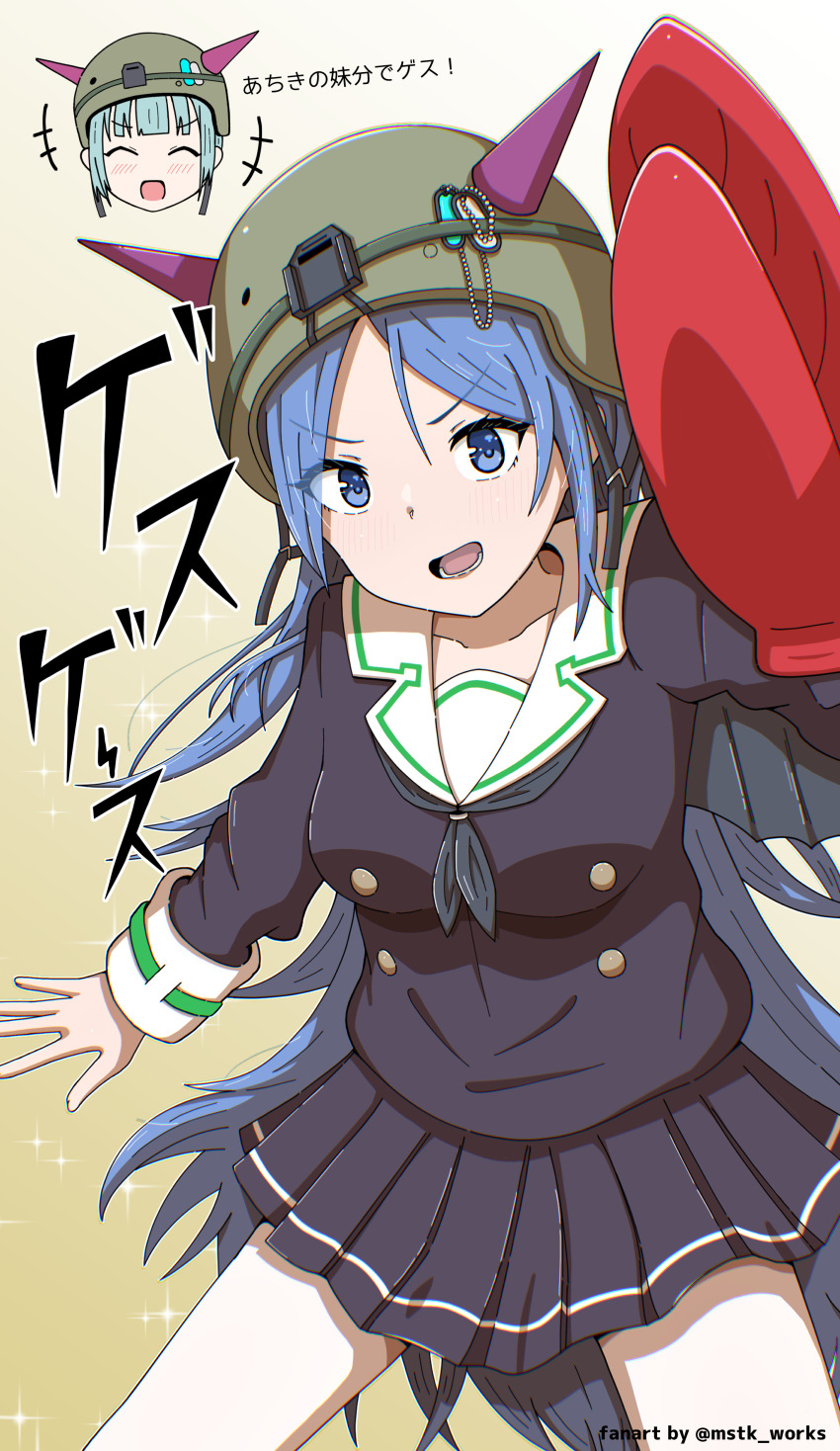 1girl, absurdres, blue_eyes, blue_hair, bungo_yayoi, cosplay, crab_claw, dog_tags