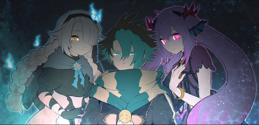 1boy, 2girls, aqua_hair, artistic_error, black_hair, braid, chaos_match_girl_(grimms_notes), chaos_mermaid_(grimms_notes)