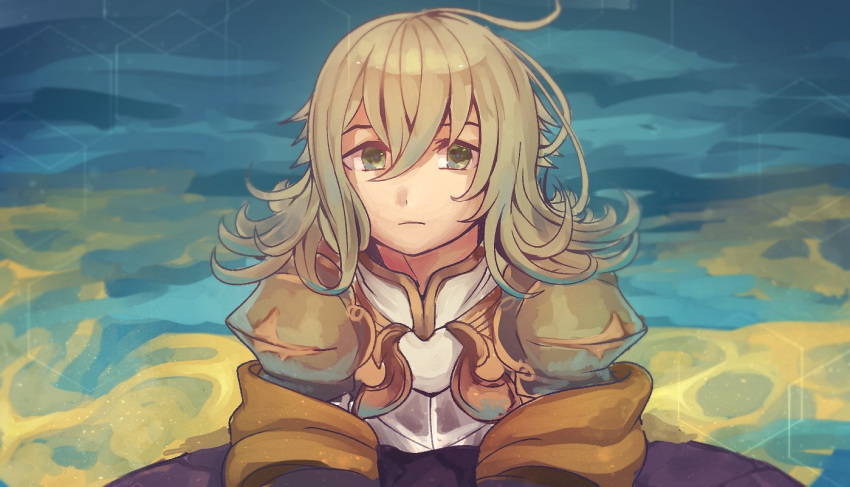 1boy, ahoge, aqua_background, armor, closed_mouth, green_background, green_eyes, green_hair