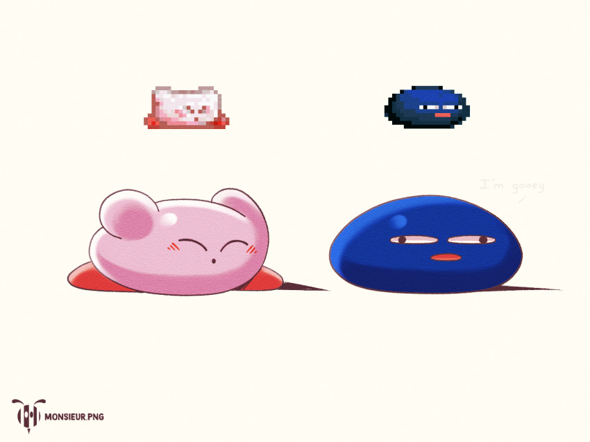 artist_logo, blue_skin, closed_eyes, colored_skin, derivative_work, gooey_(kirby), kirby, kirby's_dream_land_3, kirby_(series), logo, monsieurdotpng, no_humans, pink_skin, simple_background, sprite_redraw, wall-eyed, white_background