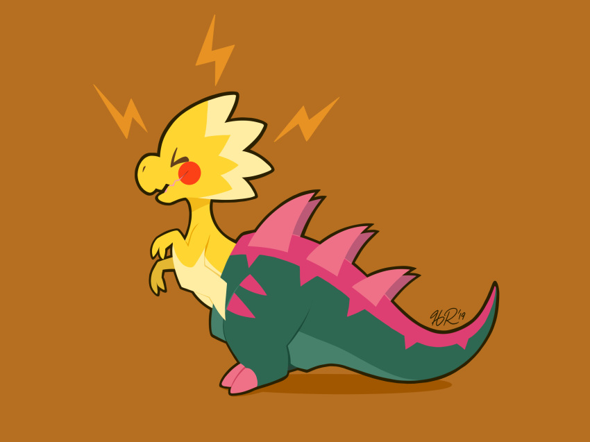 >_<, animal_focus, brown_background, closed_eyes, commentary_request, dracozolt, flat_color, from_side