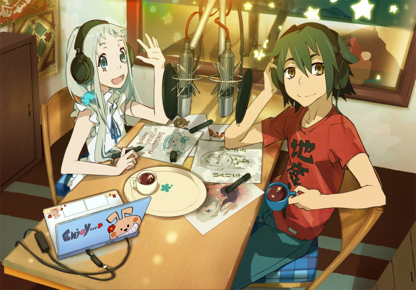 black_hair, blue_eyes, brown_eyes, casual, computer, cup, hand_on_headphones, headphones