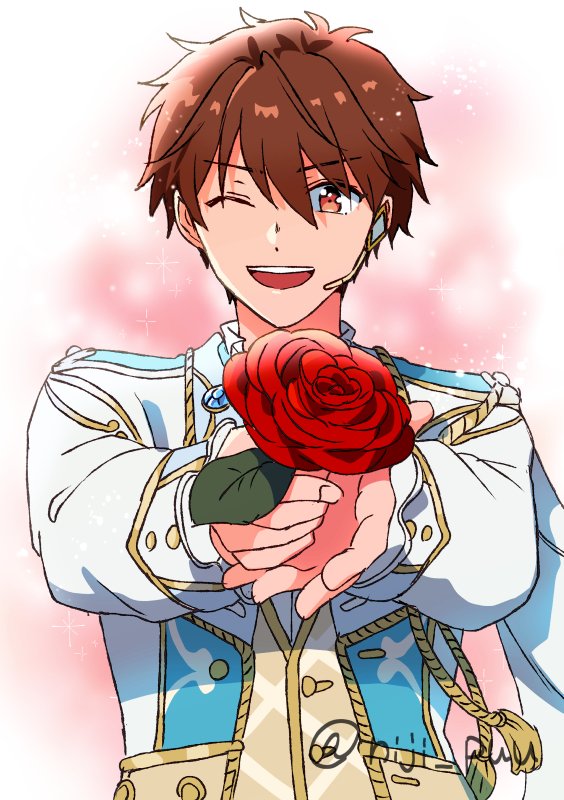 1boy, brown_eyes, brown_hair, buttons, commentary_request, ensemble_stars!, fingernails, flower