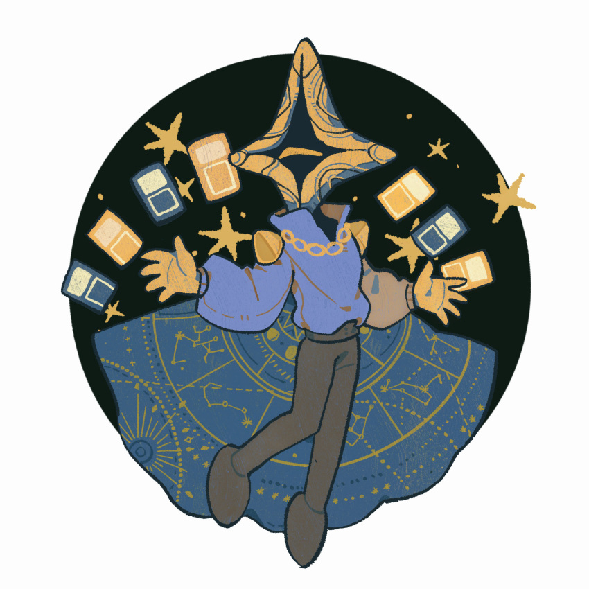 1boy, ^_^, arm_up, black_pants, black_shoes, blue_shirt, cape, card