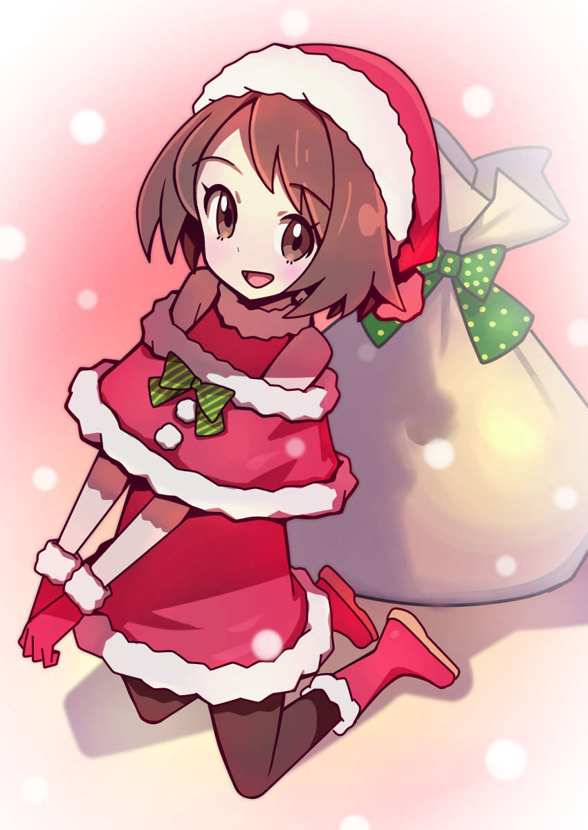 1girl, absurdres, alternate_costume, bag, boots, bow, brown_eyes, brown_hair, brown_pantyhose, christmas, commentary_request, dress, eyelashes, full_body, gloria_(pokemon), gloves, green_bow, hat, highres, open_mouth, pantyhose, pokemon, pokemon_swsh, red_boots, red_dress, red_gloves, red_hat, sack, santa_costume, santa_dress, santa_hat, short_hair, smile, solo, striped_bow, white_bag, yaguchi_sumiharu