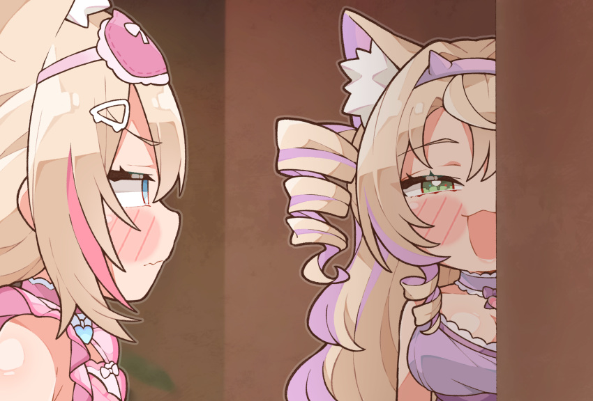 2girls, animal_ear_fluff, animal_ears, babydoll, blonde_hair, breasts, commentary, curly_sidelocks