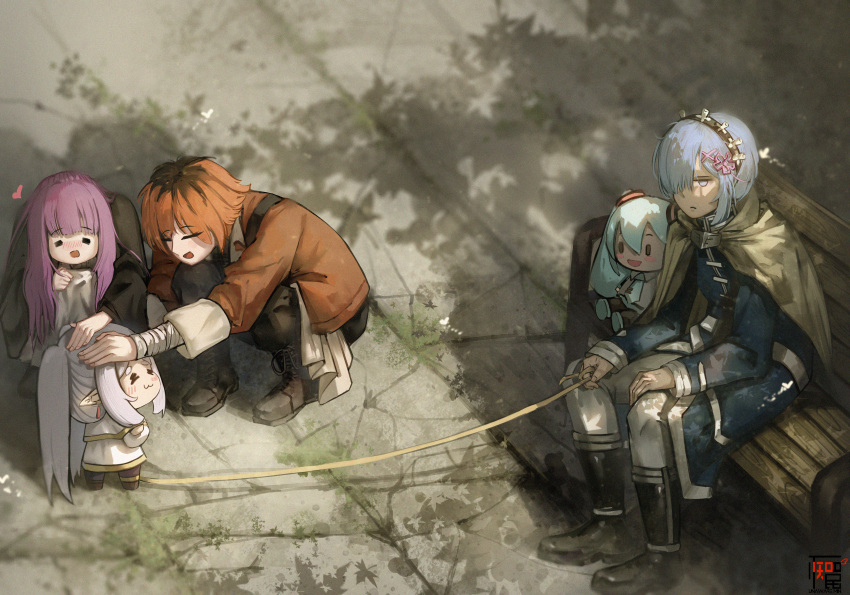 2boys, 3girls, absurdres, aqua_hair, aqua_necktie, bandages, blue_eyes, blue_hair
