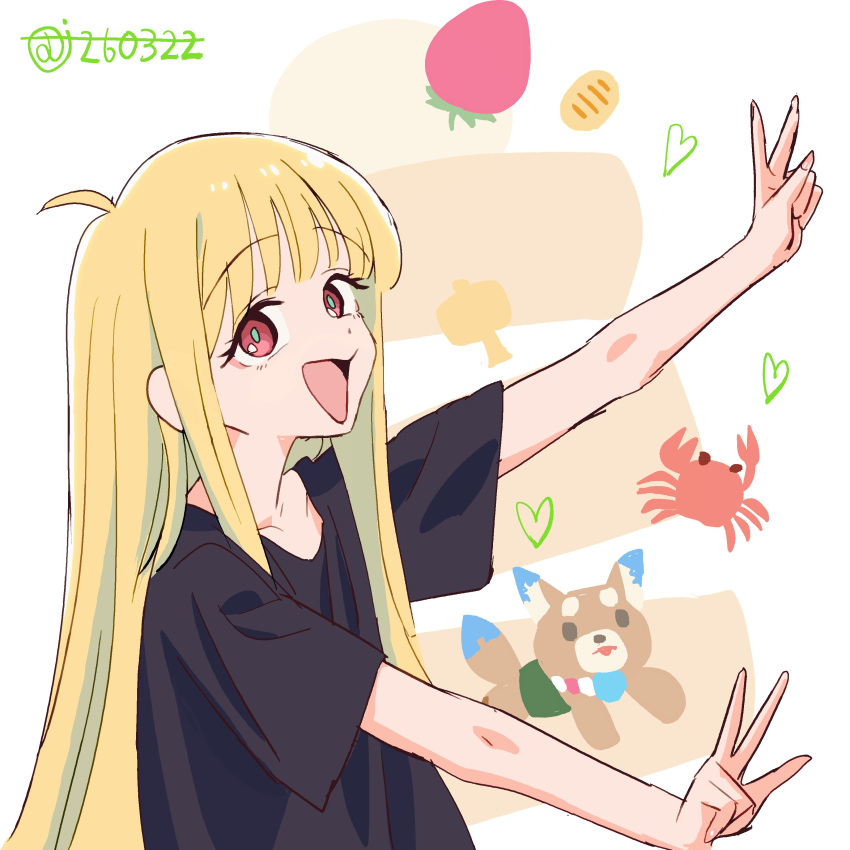 1girl, absurdres, ahoge, cho_kaguya-hime!, collarbone, commentary, crab, food, fruit, heart, highres, inudoge, kaguya_(cho_kaguya-hime!), long_hair, looking_at_viewer, mu0211, open_mouth, outstretched_arms, pancake, pancake_stack, red_eyes, short_sleeves, smile, solo, strawberry, untranslatable_commentary, upper_body, v, w, white_background