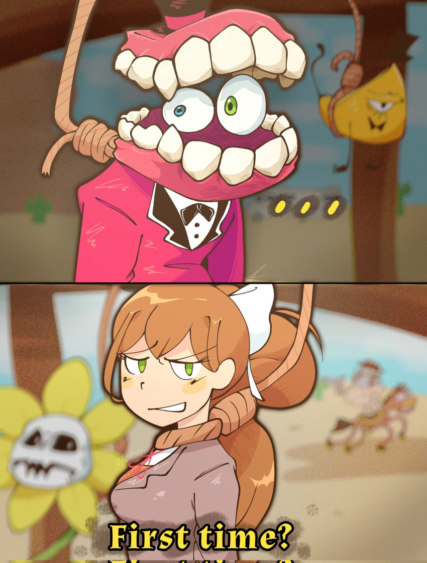1girl, bill_cipher, blazer, blue_eyes, blurry, blurry_background, blush, blush_stickers