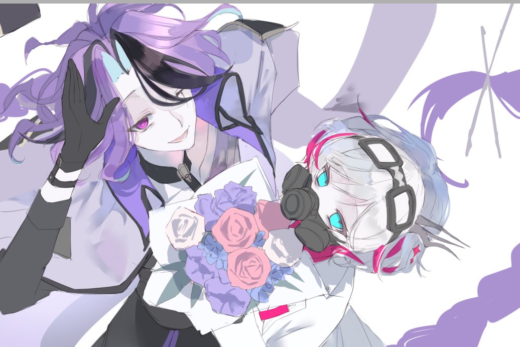 1boy, 1girl, blue_eyes, bouquet, braid, character_request, choker, commentary_request