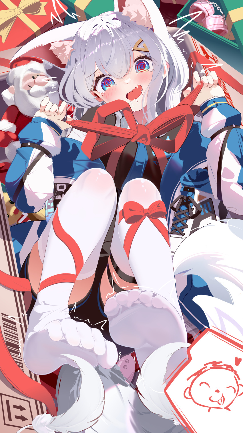 1boy, 1girl, 1other, absurdres, animal_ears, bing_nuan_nuan, blue_eyes, blue_hair