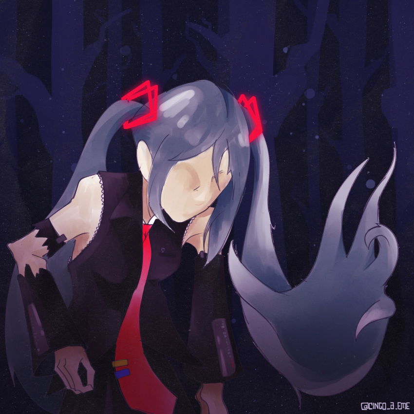 aqua_hair, black_shirt, black_sleeves, cinco_a_eme, creepypasta, crossover, dark_forest, detached_sleeves, faceless, faceless_female, hatsune_miku, highres, long_hair, magical_mirai_(vocaloid), necktie, pale_skin, shirt, sleeveless, sleeveless_shirt, slender_man, twintails, very_long_hair, vocaloid