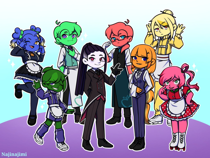 apron, artist_name, azedo_(mundo_torajo), black_dress, black_hair, black_pants, blonde_hair, blue_eyes, blue_hair, blue_skin, butler, colored_skin, crossdressing, crossdressing_(ftm), crossdressing_(mtf), dress, enmaided, female_butler, formal_clothes, frilled_apron, frills, glasses, gloves, green_eyes, green_hair, green_skin, highres, jay_(mundo_torajo), linn_(mundo_torajo), maid, maid_apron, male_maid, margo_(mundo_torajo), morajo_(mundo_torajo), mundo_torajo, najinajimi, orange_hair, orange_skin, pant_suit, pants, pessy_(mundo_torajo), pink_hair, pink_skin, polka_dot, polka_dot_dress, portuguese_commentary, puffy_short_sleeves, puffy_sleeves, red_eyes, red_hair, red_skin, roller_shoes, semi-rimless_eyewear, shoes, short_sleeves, sportswear, suit, tailcoat, thigh-highs, torajo_(mundo_torajo), towel, towel_on_arm, unconventional_maid, under-rim_eyewear, vest, violet_eyes, waist_apron, white_apron, yellow_eyes, yellow_skin, zulmi_(mundo_torajo)