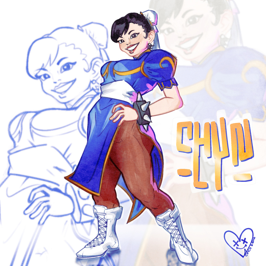 1girl, blue_dress, boots, bracelet, brown_hair, china_dress, chinese_clothes, chun-li