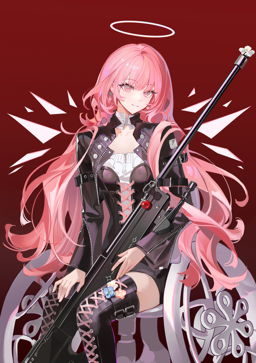 1girl, absurdres, ai_arctic_warfare, apple, arknights, black_boots, black_dress, black_jacket