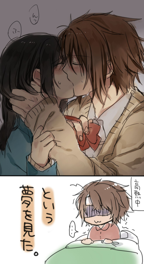black_hair, blush, brown_hair, closed_eyes, couple, eyes_closed, hakuouki_shinsengumi_kitan, kiss, messy_hair, okita_souji, okita_souji_(hakuouki), peke414, school_uniform, short_hair, yukimura_chizuru