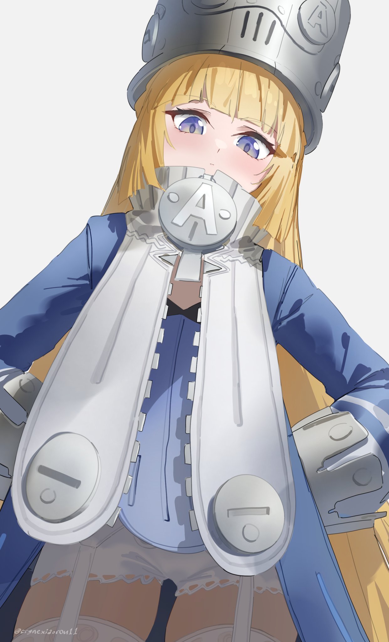 1girl, blonde_hair, blue_jacket, commentary, cryne, garter_straps, grey_hat, hands_on_own_hips