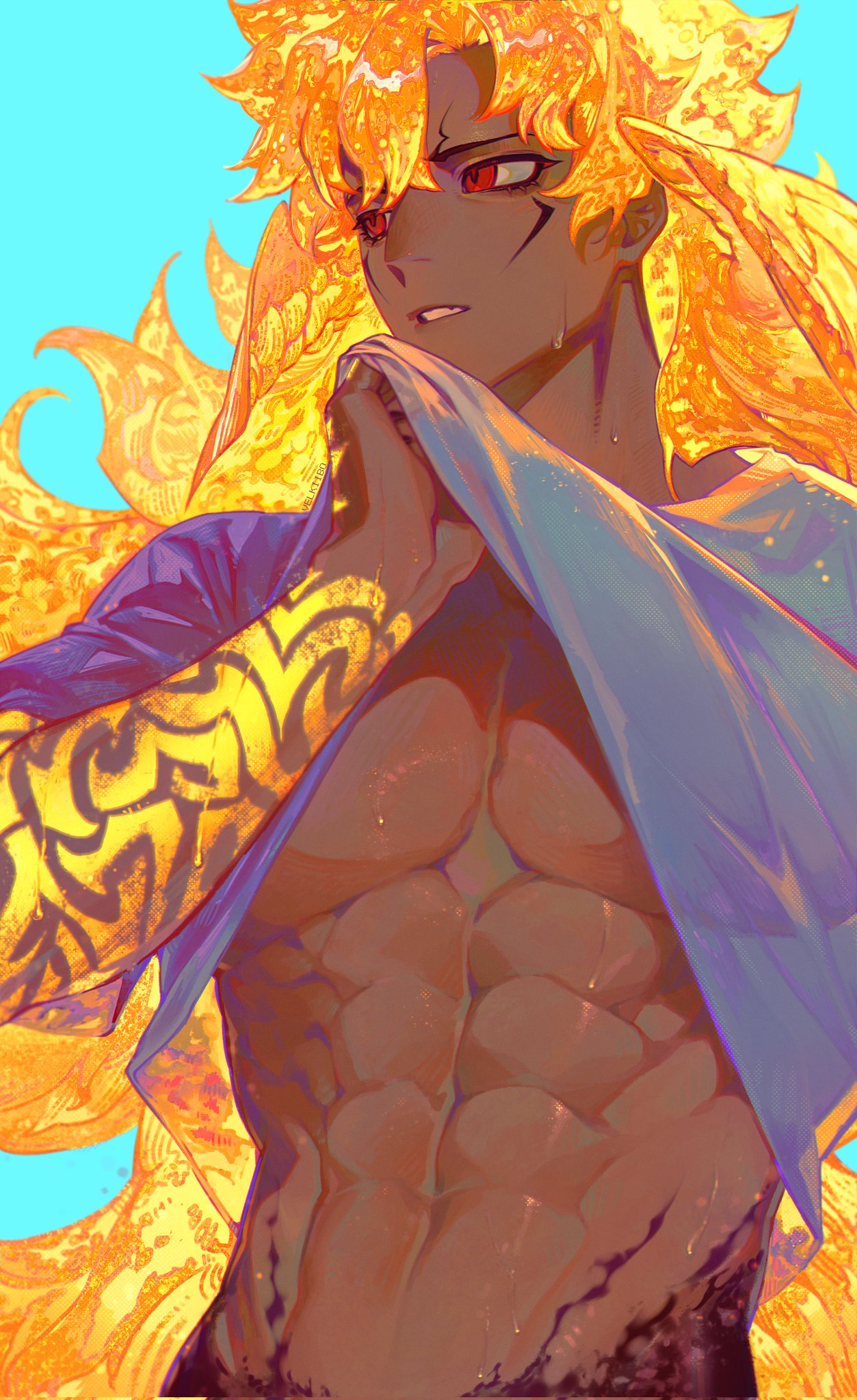 1boy, abs, blonde_hair, blue_background, clothes_lift, facial_mark, fate/grand_order, fate_(series)