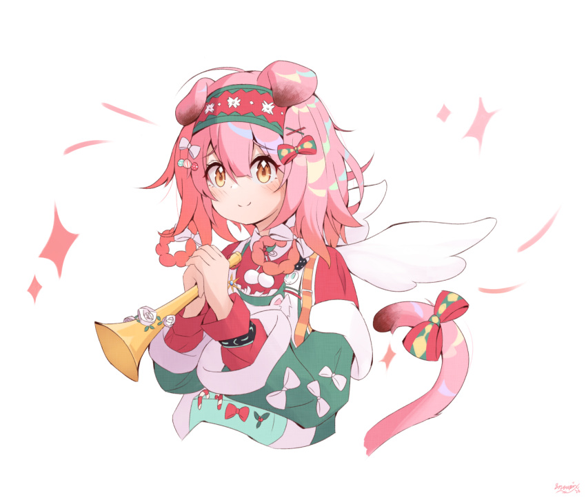 1girl, animal_ears, arknights, bow, chinese_commentary, closed_mouth, commentary_request, cornet_(instrument)