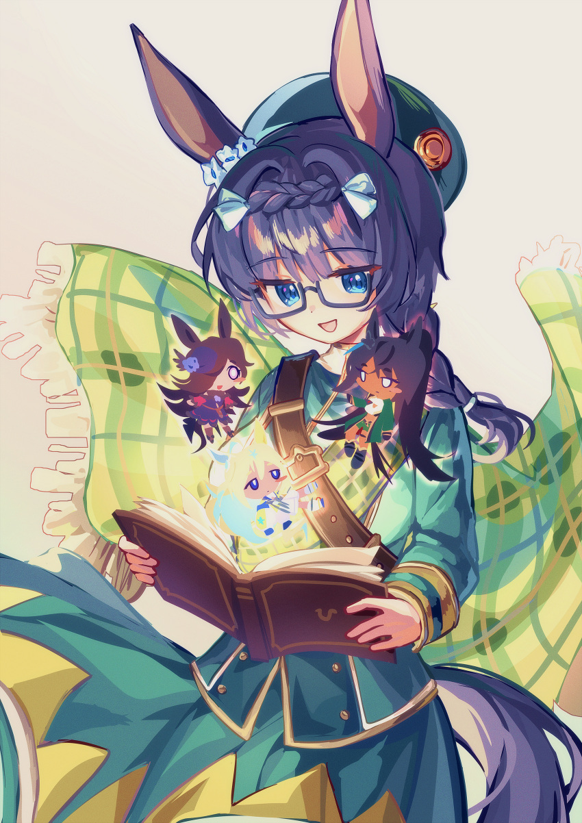 4girls, absurdres, ahoge, animal_ears, beret, black-framed_eyewear, black_hair, blonde_hair