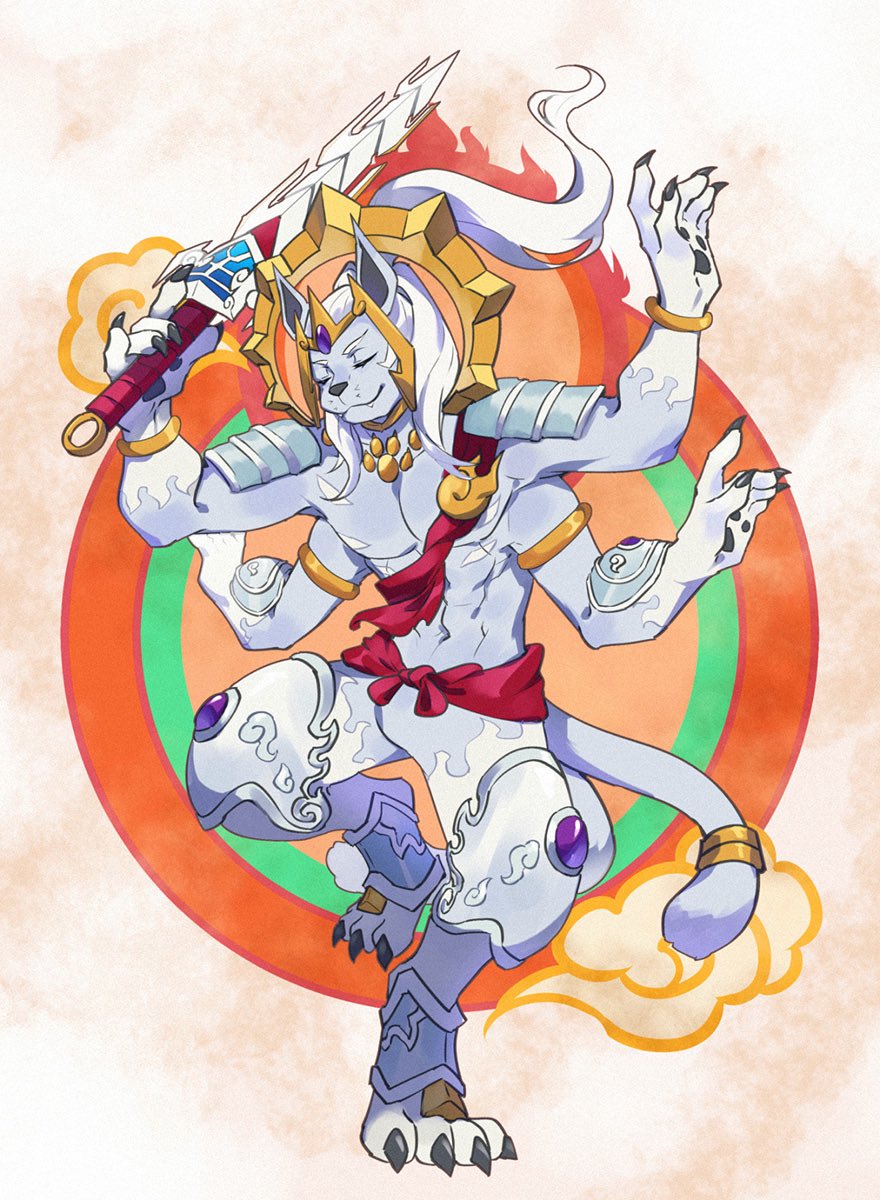 armlet, bracelet, claws, closed_eyes, clouds, commentary_request, digimon, digimon_(creature), extra_arms, furry, gold_armlet, habakirimon, headpiece, highres, holding, holding_sword, holding_weapon, jewelry, knee_pads, lws4cydxt, pawpads, shoulder_pads, sword, tail, weapon, white_hair, xiangyun