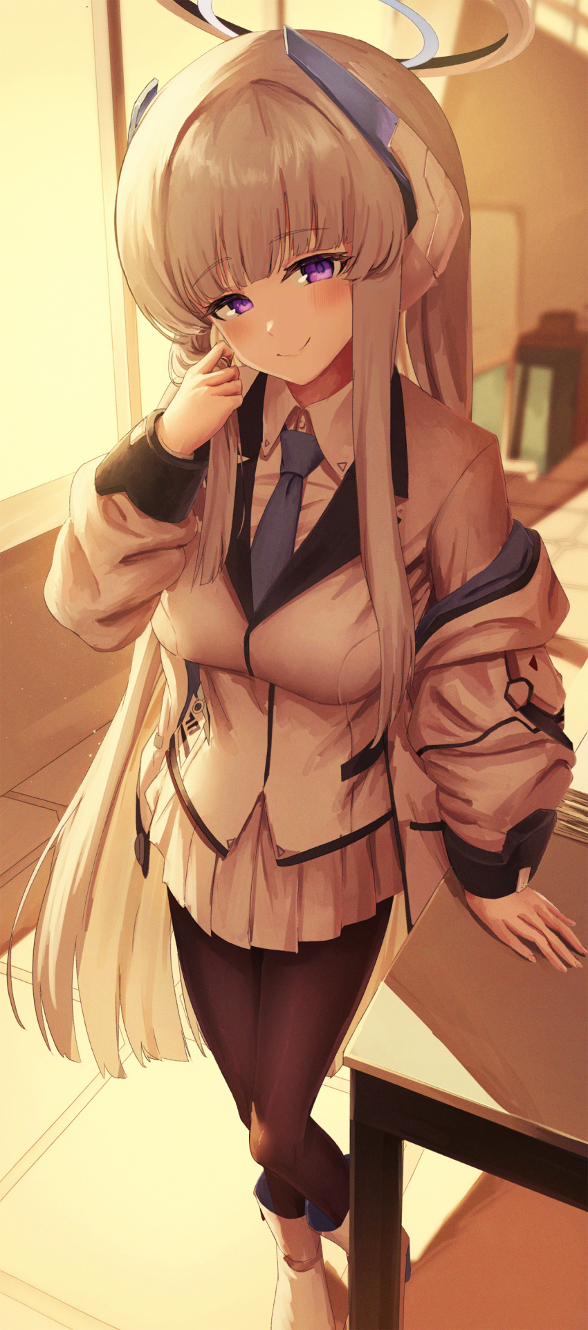 1girl, absurdres, black_pantyhose, blue_archive, blue_necktie, book, boots, collared_shirt