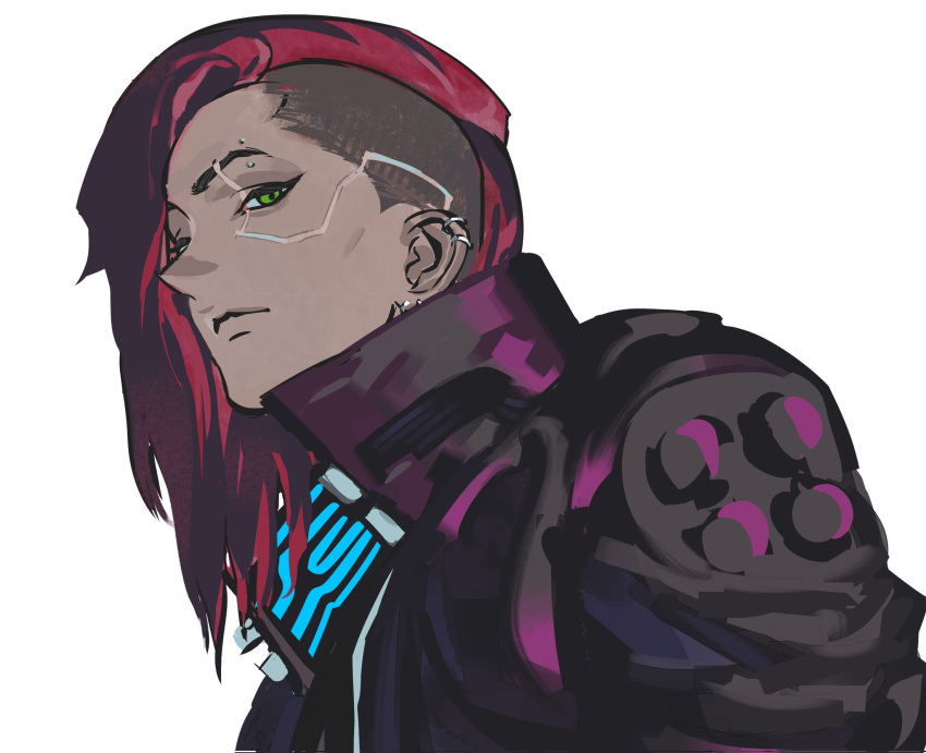 1girl, asymmetrical_hair, brown_jacket, cyberpunk, cyberpunk_(series), cyberpunk_2077, earrings, green_eyes