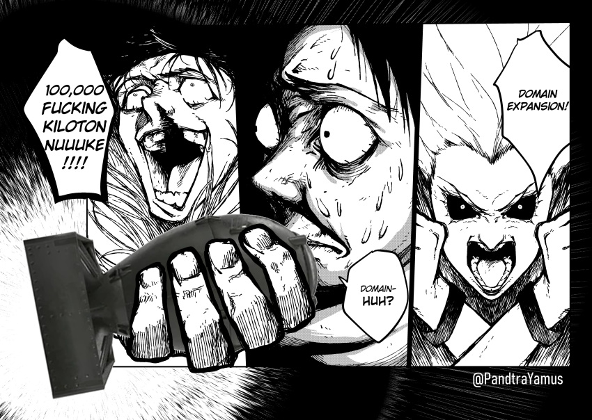 2boys, absurdres, black_sclera, blood, bomb, colored_sclera, commentary, crazy_smile