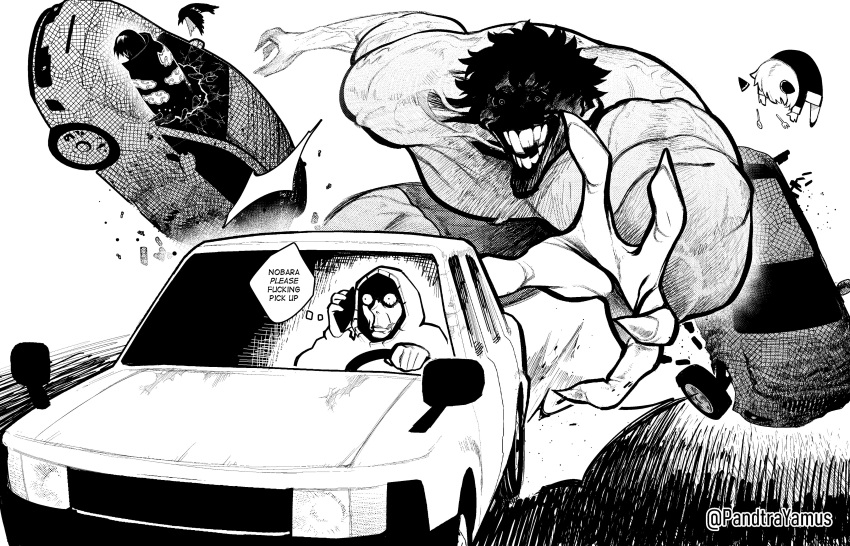 absurdres, alternate_form, anya_(spy_x_family), boku_no_hero_academia, car_crash, crazy_grin, driving, evil_grin, evil_smile, fingernails, grin, highres, holding, holding_phone, itadori_yuuji, jujutsu_kaisen, jujutsu_kaisen_modulo, midoriya_izuku, monster_boy, muscular, muscular_male, naruto_(series), pandtrayamus, phone, sharp_fingernails, smile, speech_bubble, spy_x_family, thought_bubble, troll_face, uchiha_itachi, vehicle_chase, veins, veiny_arms