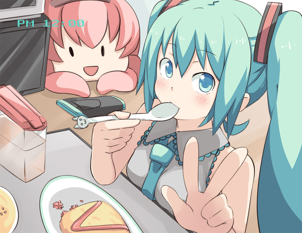 aqua_hair, blush, clock, clockshow, eating, food, hatsune_miku, long_hair