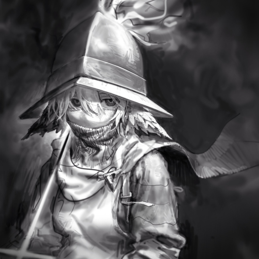1girl, armor, aventail, chainmail, commentary, estoc_(weapon), greyscale, hair_between_eyes