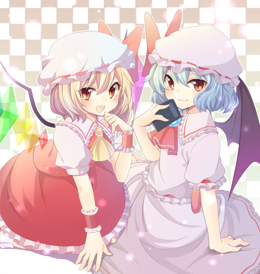 ascot, bad_id, bat_wings, blonde_hair, blue_hair, checkered, checkered_background, dress
