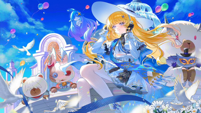 1girl, absurdres, balloon, bird, black_collar, black_gloves, blonde_hair, blue_eyes