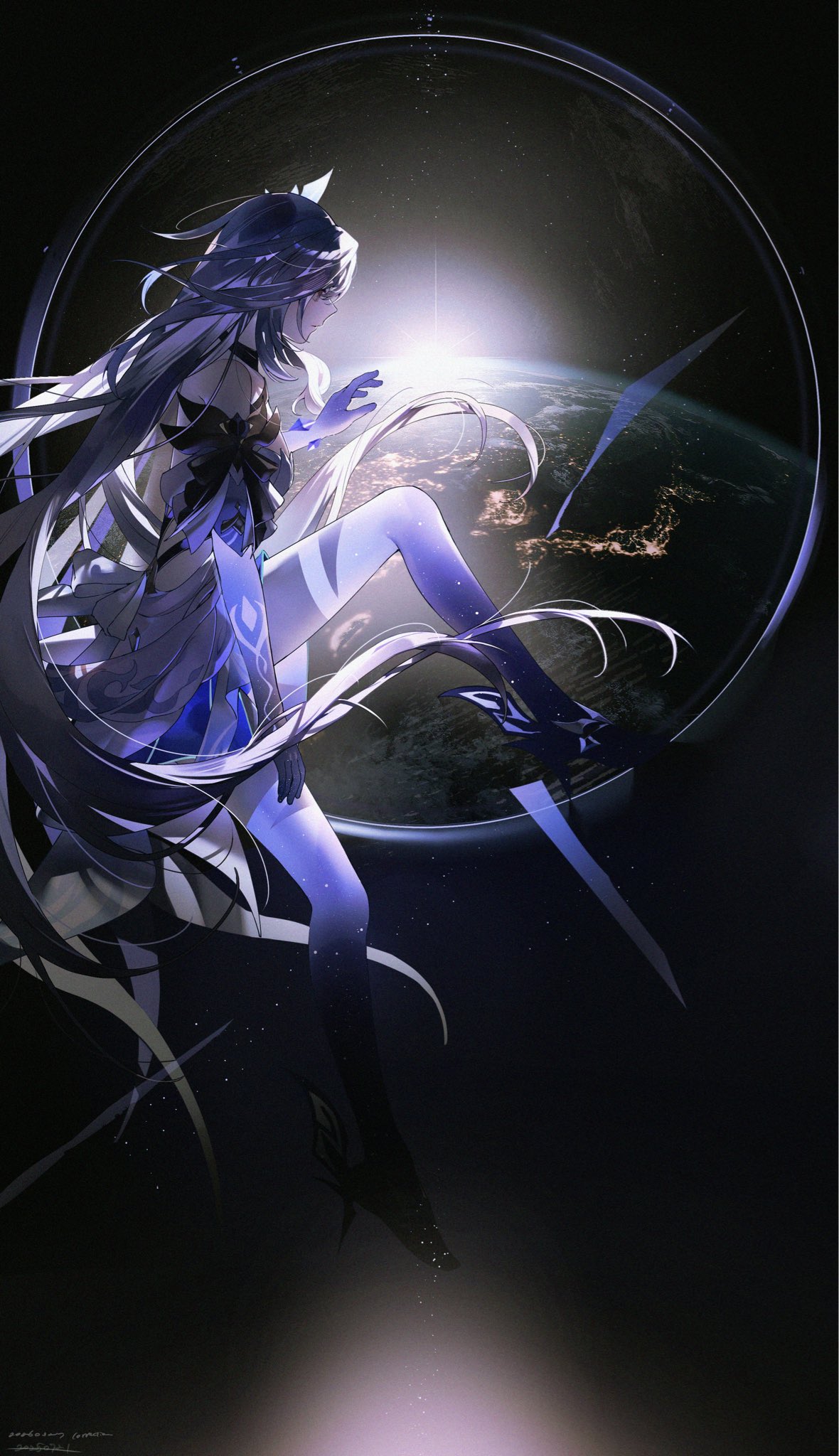 1girl, bare_shoulders, city_lights, dress, earth_(planet), floating_hair, genshin_impact, gloves