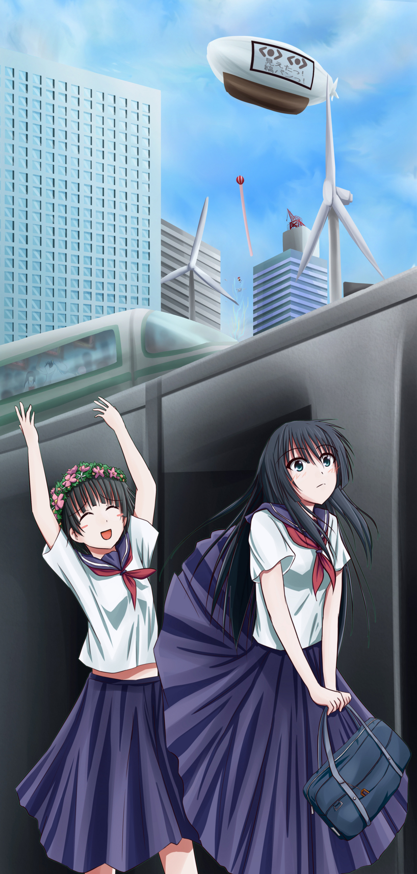 absurdres, bag, black_hair, blimp, blush, blush_stickers, city, electricity, green_eyes, head_wreath, highres, hime_cut, himegami_aisa, index, kamijou_touma, ogura_sakiru, role_reversal, saten_ruiko, school_uniform, serafuku, shirai_kuroko, short_hair, skirt, skirt_flip, smile, to_aru_kagaku_no_railgun, to_aru_majutsu_no_index, translated, tsukuyomi_komoe, uiharu_kazari, wind_turbine, windmill