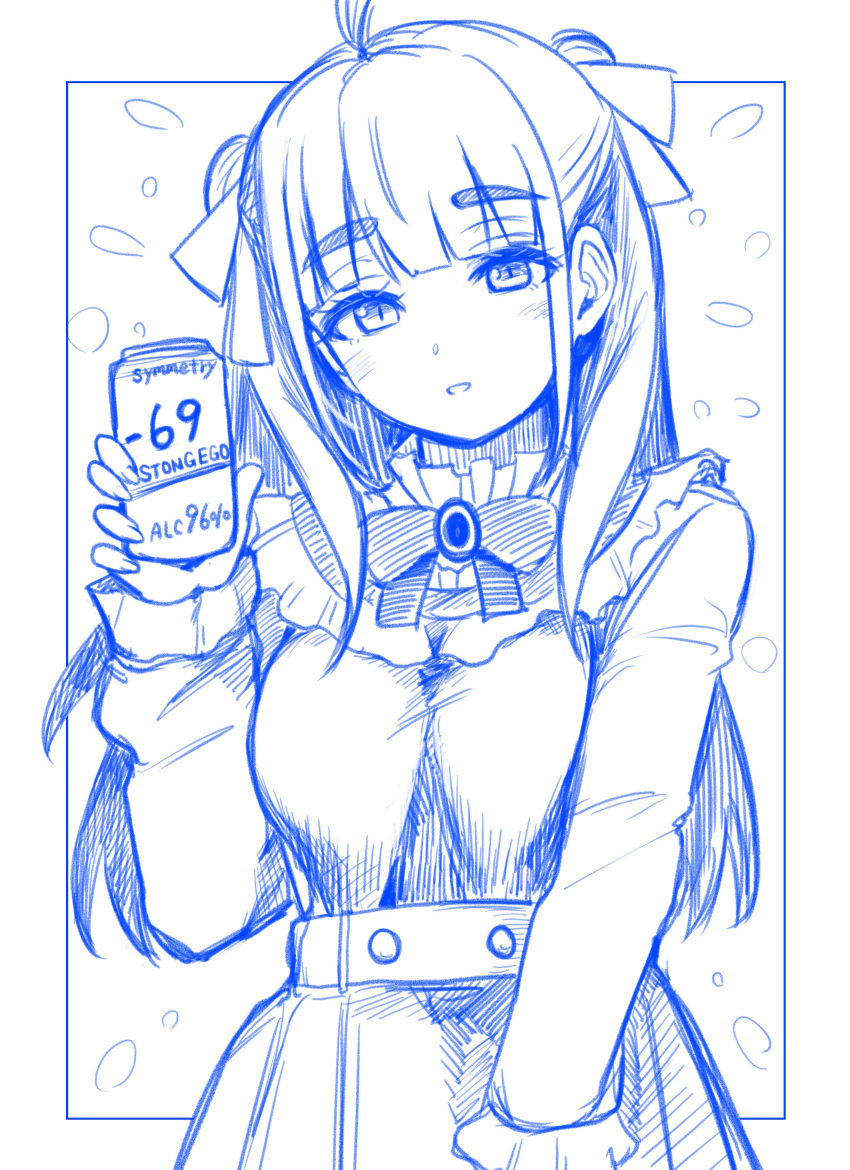 1girl, 69_(meme), absurdres, ahoge, alcohol, beer_can, blue_theme, blunt_bangs