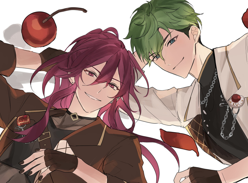 2boys, absurdres, arm_support, black_shirt, blue_eyes, brown_gloves, brown_nails, chain